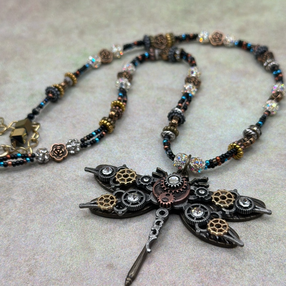 Handcrafted Black and Gold Dragonfly Steampunk Necklace - Women Jewelry